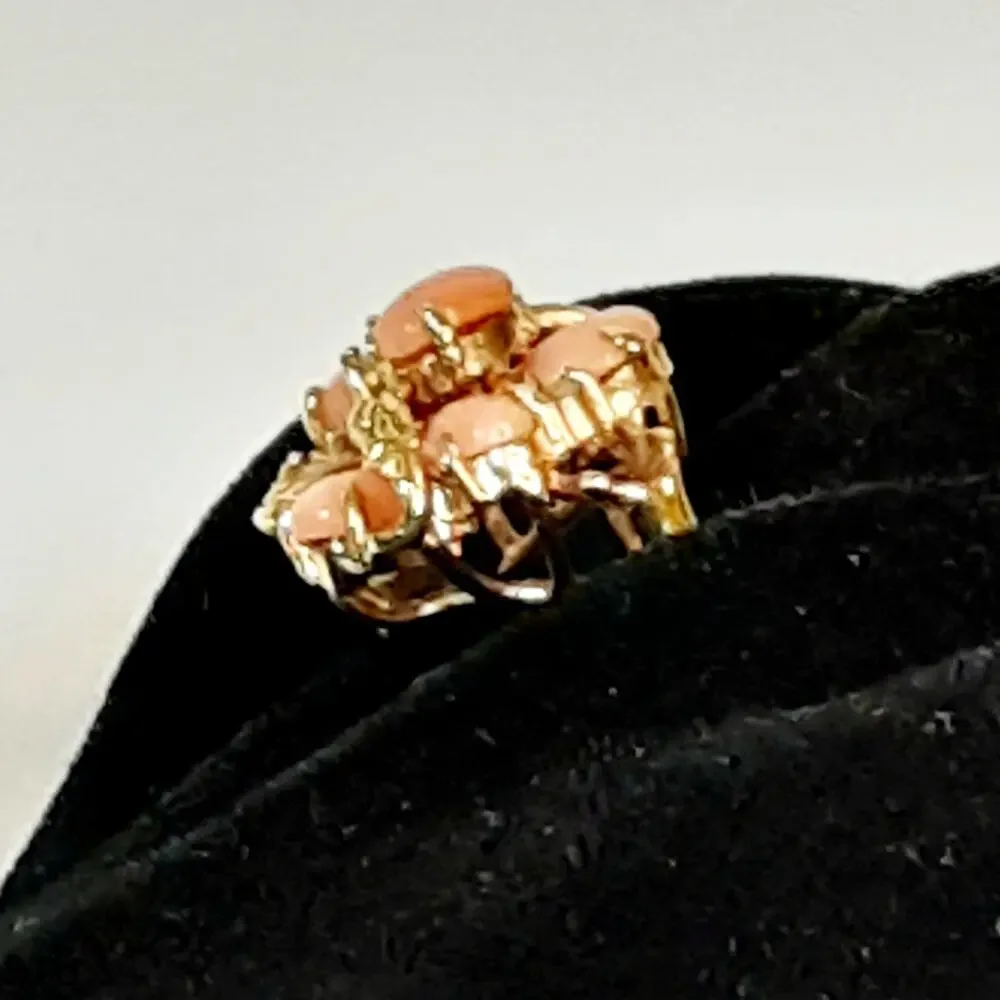 Oval Peach Pink Cluster Caobochon Ring Gold Tone Floral Design Size 5